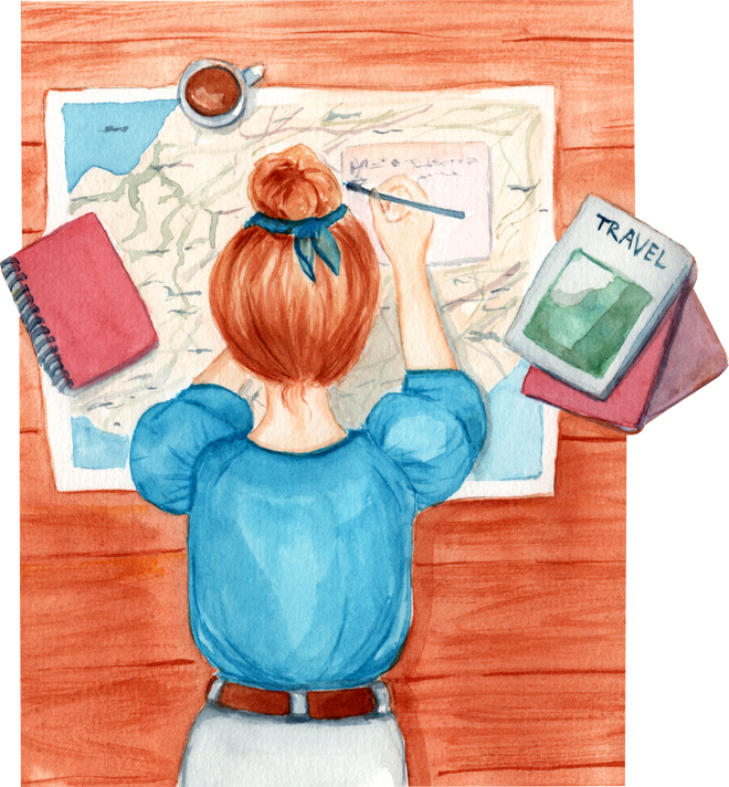 Watercolor girl with map , travel planner